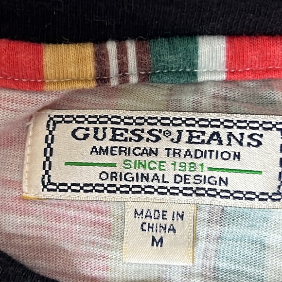 VTG GUESS David Sayer Vertical Stripe T Shirt Embroidered US Flag Spellout Y2K M - Picture 12 of 16